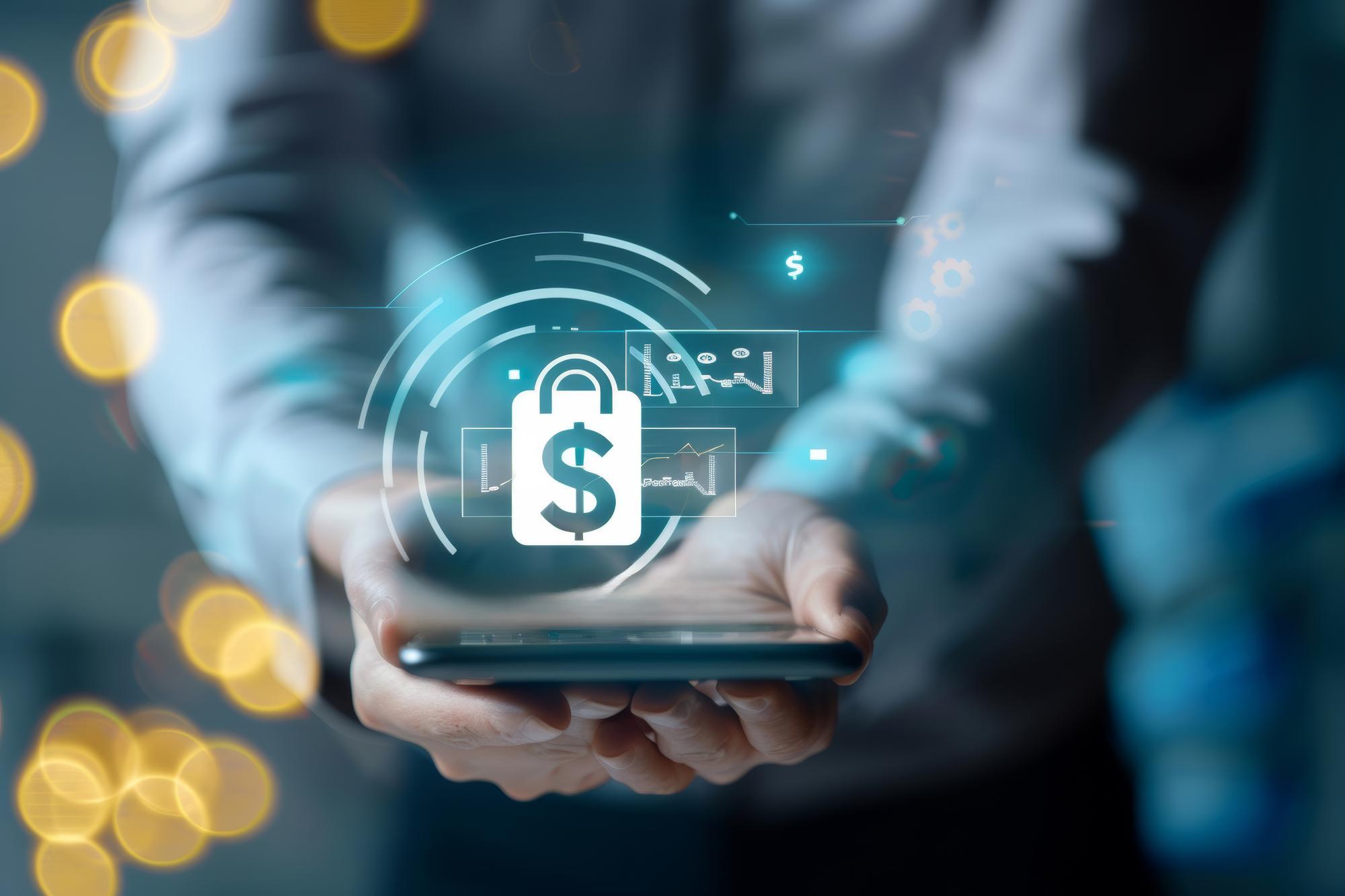 A futuristic digital payment interface with glowing security shields and locks. Abstract data streams flow in the background. hyper realistic, digital art, dark blue and green tones
