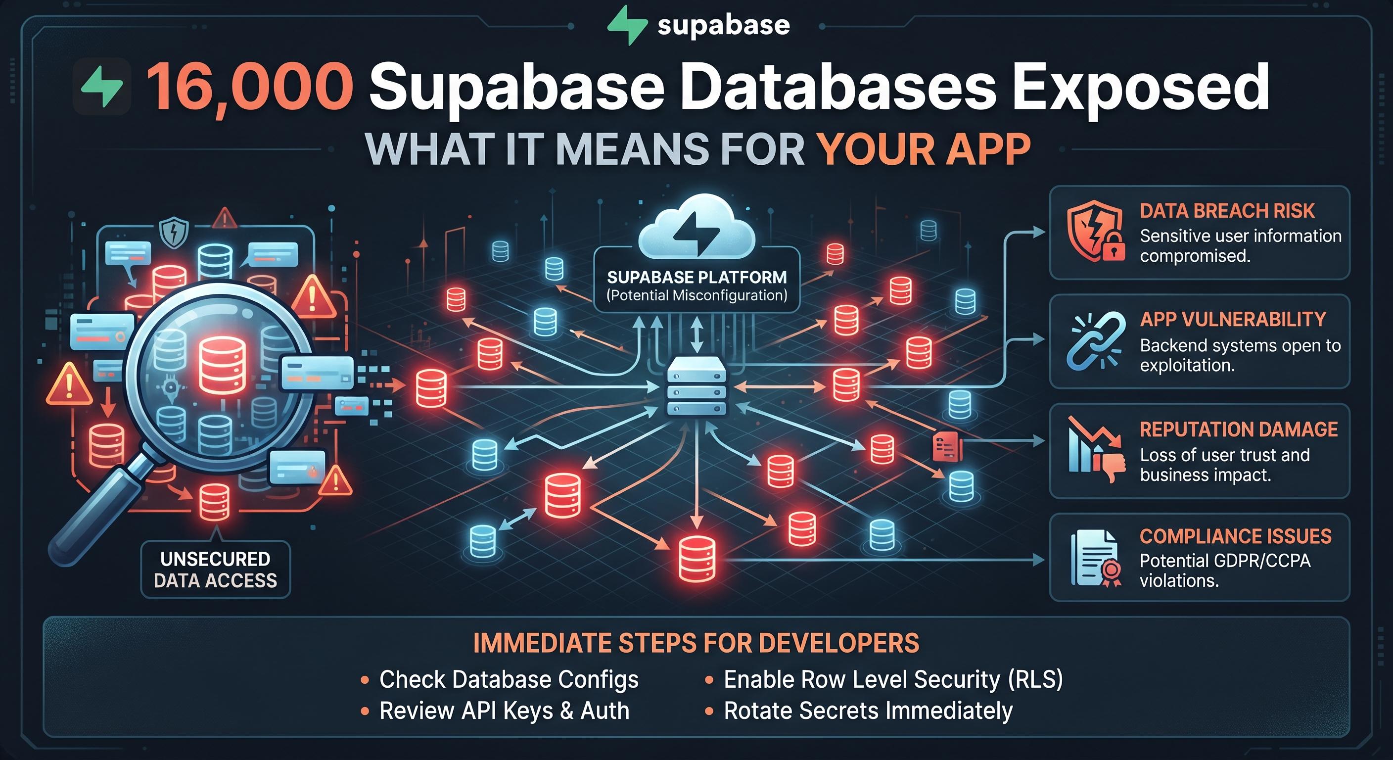 Open blue file folders above a laptop, illustrating exposed Supabase databases and leaked user data