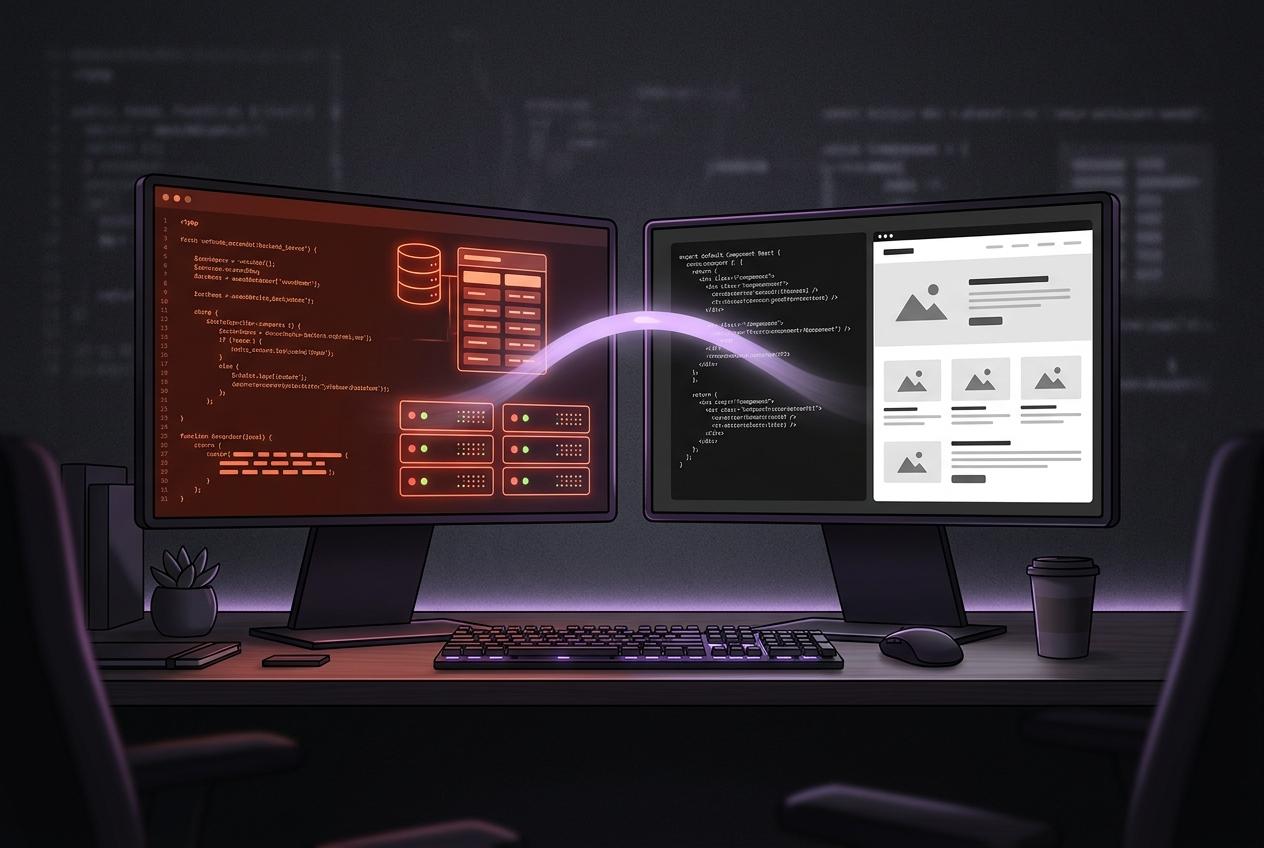 Two monitors joined by a purple light beam, Laravel backend code on one and a Next.js React interface on the other