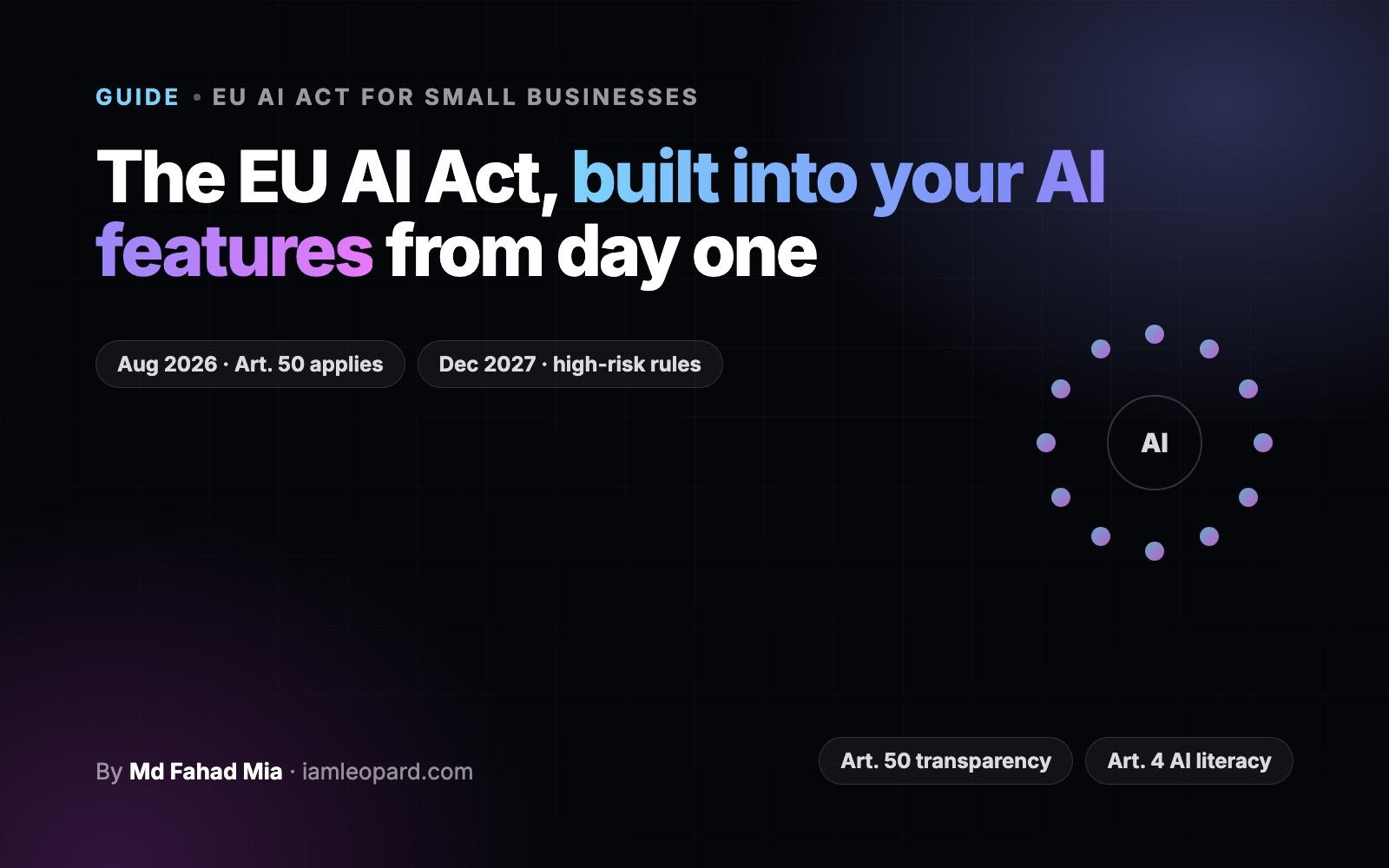 A ring of twelve dots around the letters AI, with the EU AI Act transparency and high-risk deadlines for small businesses