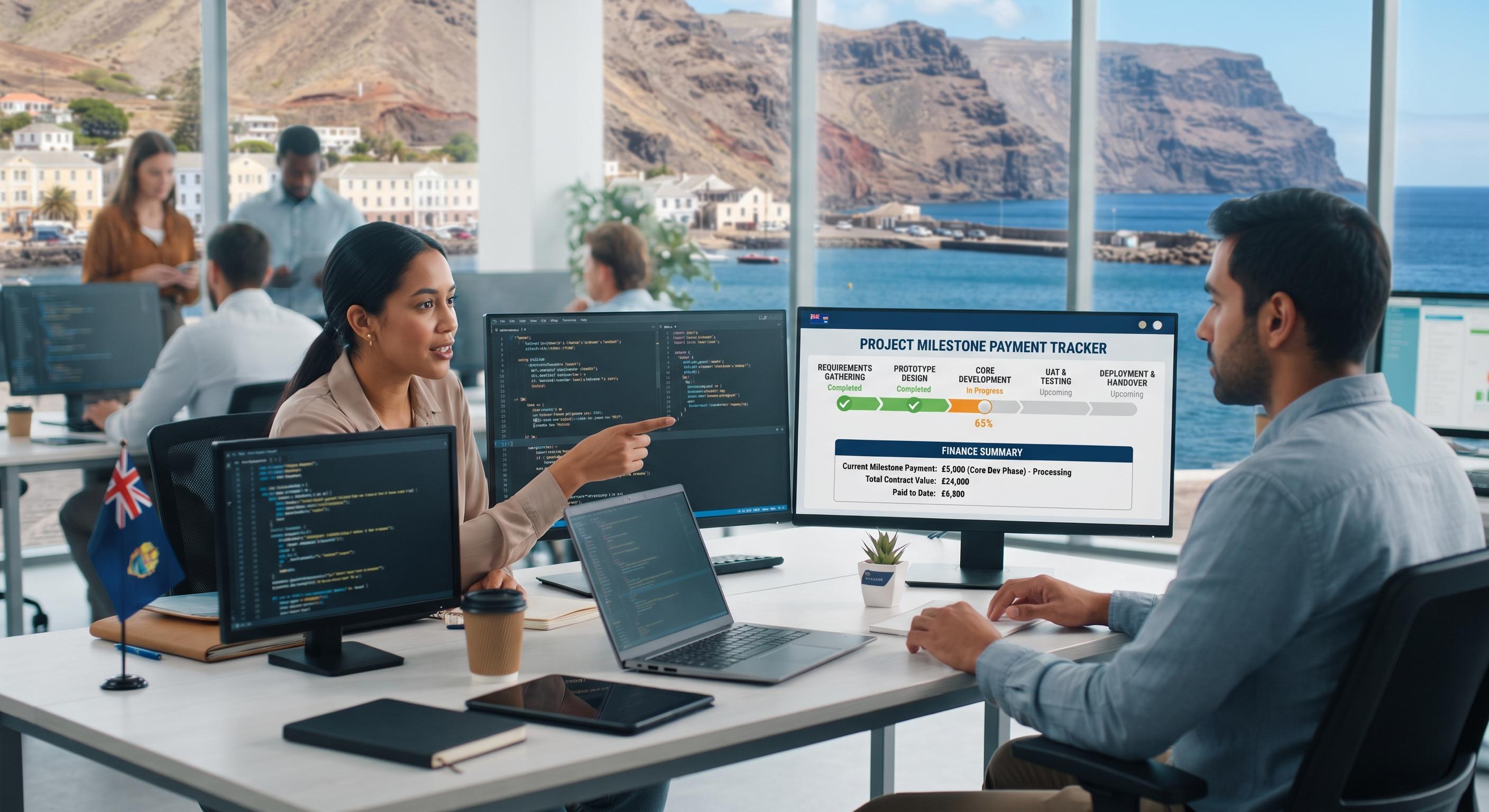 A laptop on a stone wall above Jamestown harbour, St Helena, illustrating remote software development for the island